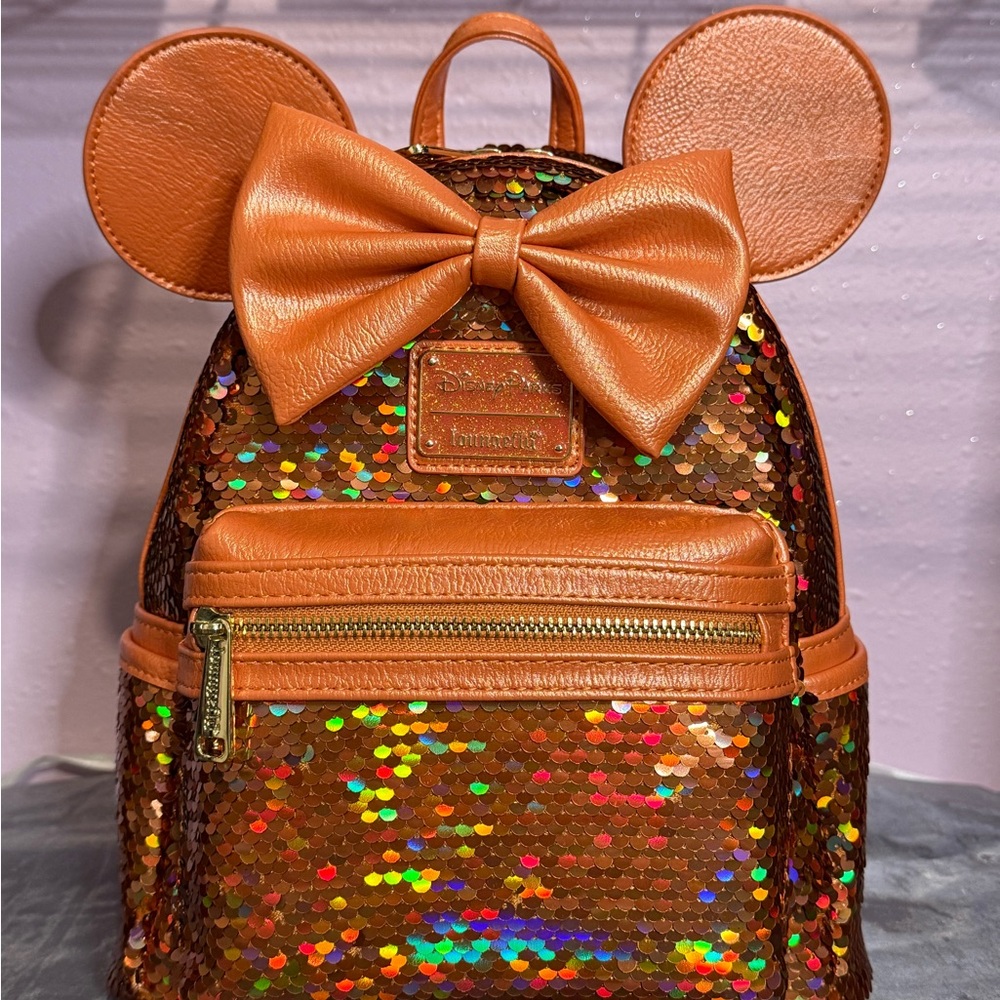 Disney Parks Exclusive Minnie Mouse Peach Punch Sequin Loungefly Mini Backpack